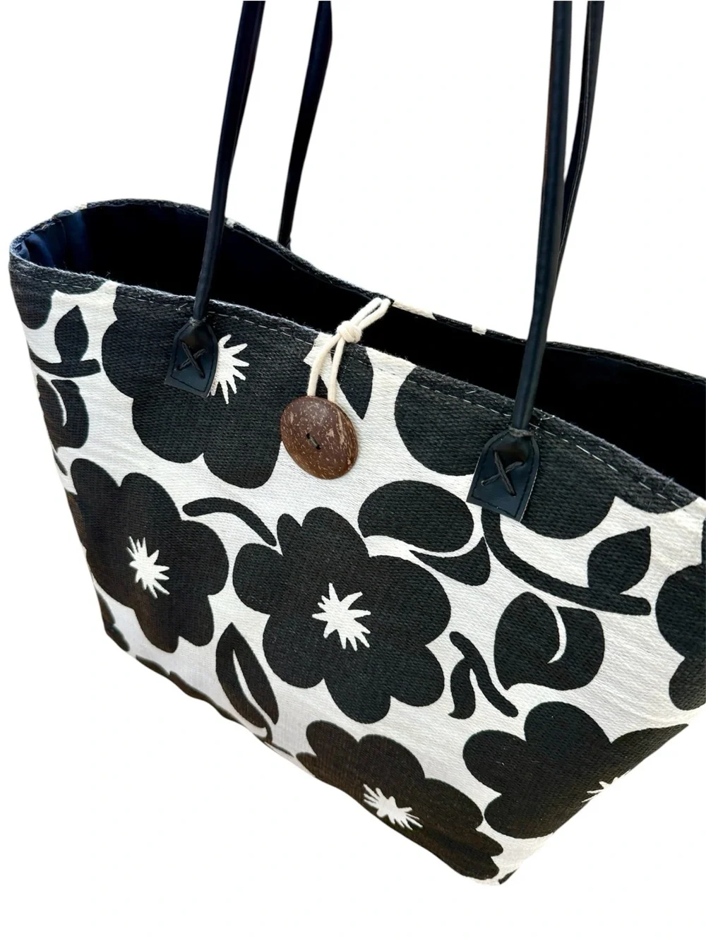 Sun & Sand Black & Cream Floral Beach Pool Vacation Shopping Tote Bag 15”x14”x6”